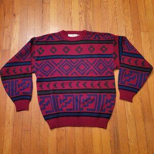 Vintage Aldo Renaldi Chunky Knit Oversized Sweater Red Blue Southwest Aztec Gran